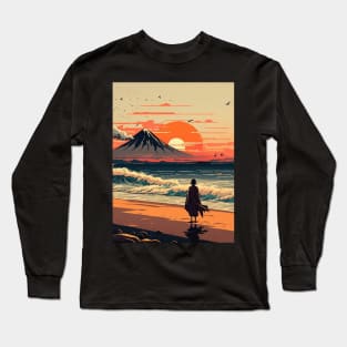 girl watching setting sun on the beach ukiyo e Long Sleeve T-Shirt